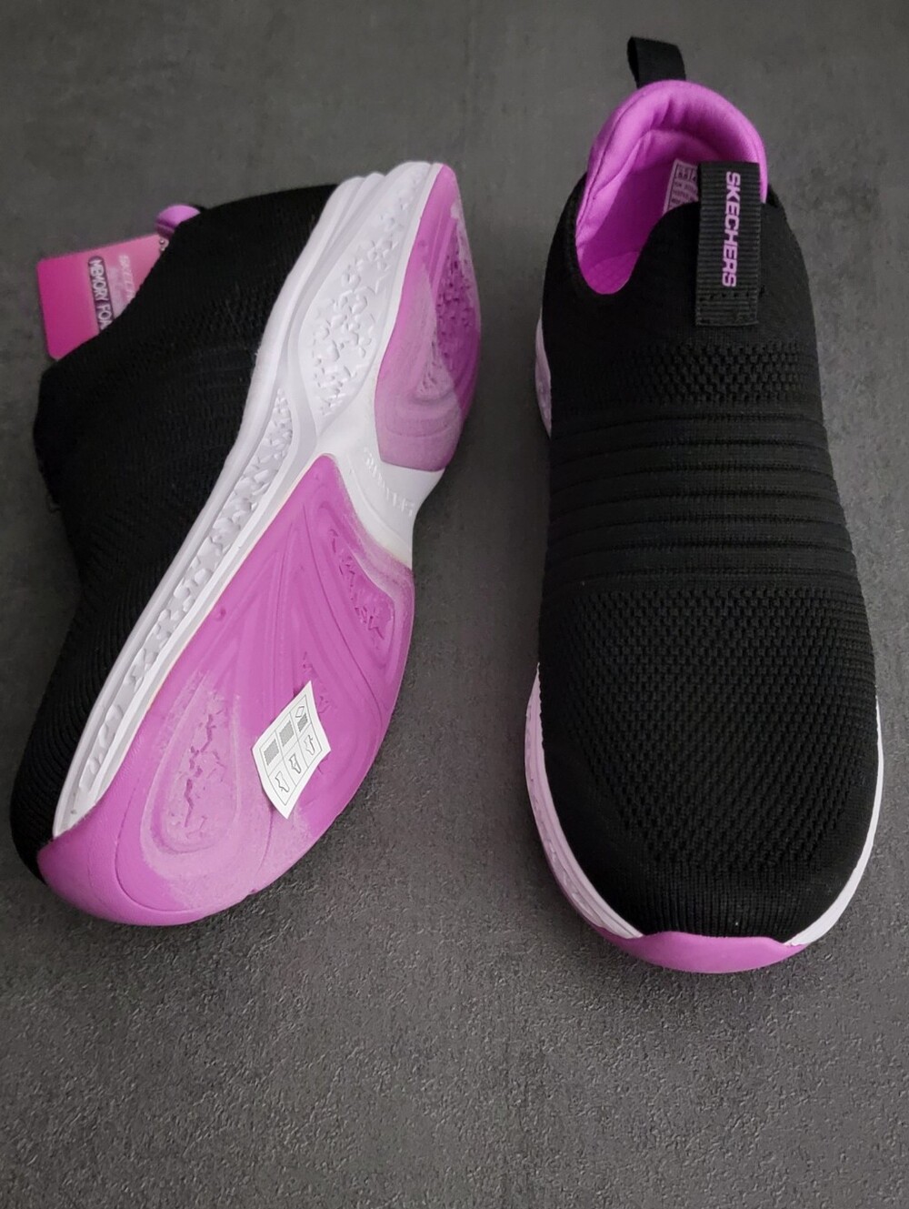 Skechers Black and Pink Slip-On Knit Sneakers with Air-Cooled Memory Foam